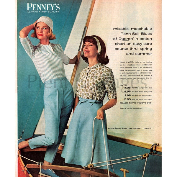 1963 Penney's Spring Outfits Vintage Ad, 1960's Fashion, Retro Ad, Retro Fashion, Polyester, Ladies Fashion, Nautical Theme.