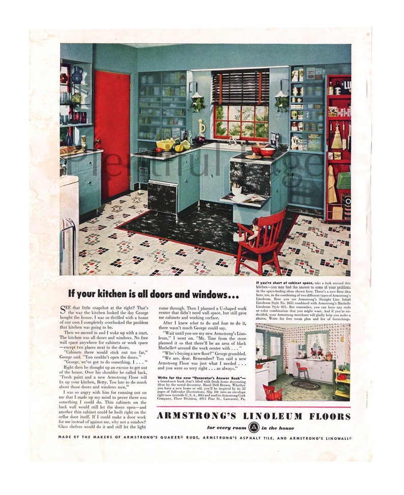 1949 Armstrong's Linoleum Floors Vintage Ad, 1940's Decor, Retro Decor, 1940's Kitchen, Advertising Art, Retro Kitchen, Great for Framing. image 1