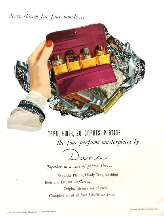 1949 Dana Perfumes Vintage Ad, Advertising Art, Magazine Ad, Tabu