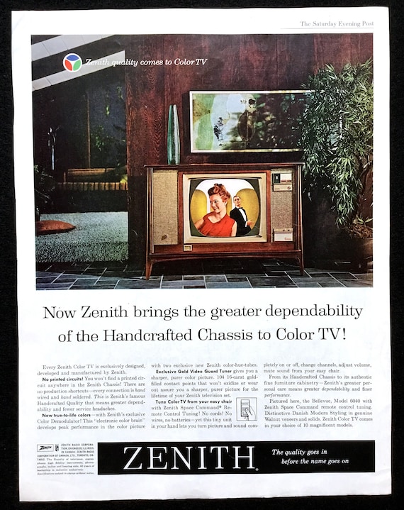 1962 Zenith Color TV Ad, Saturday Evening Post, Mid-century Decor