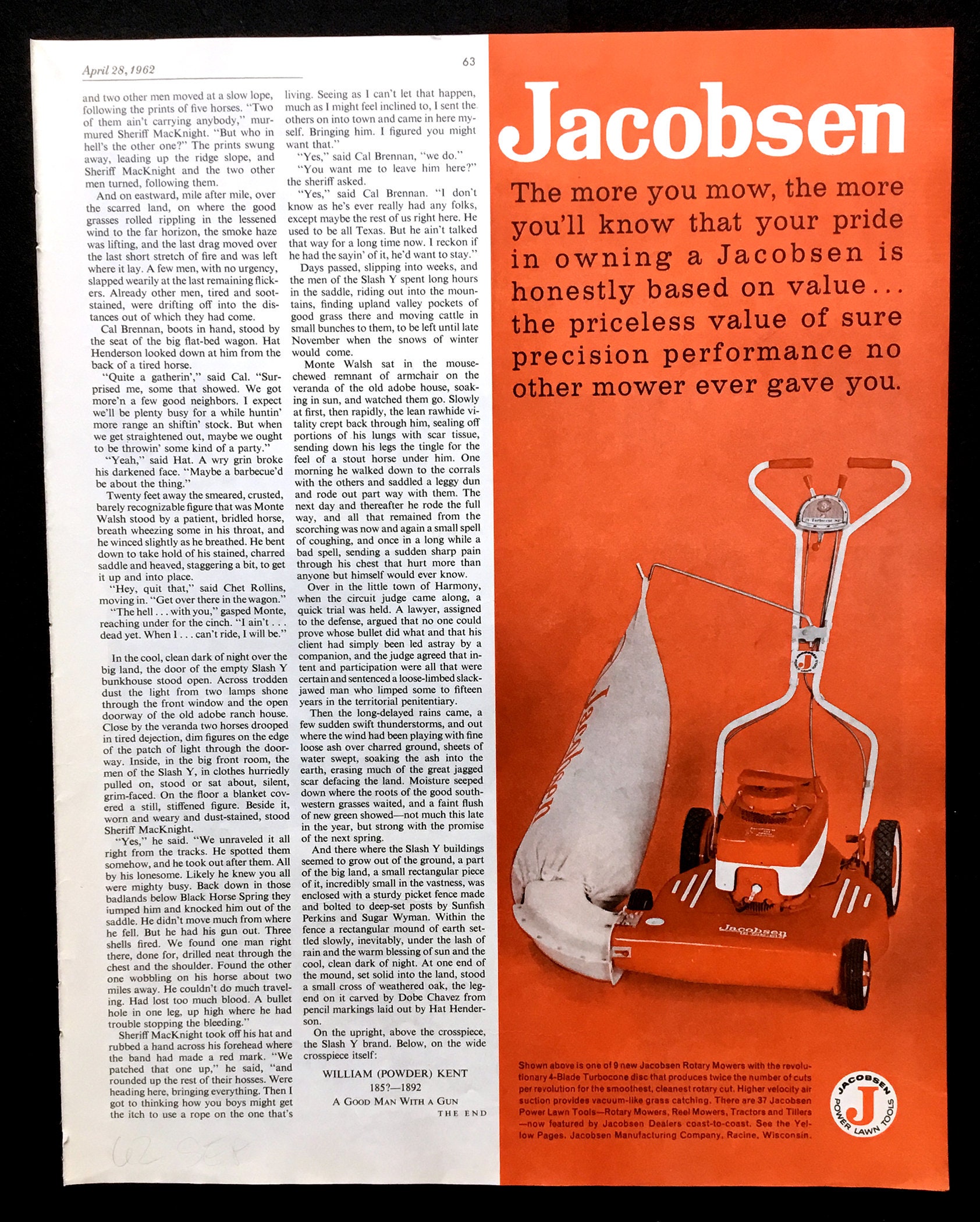 1962 Jacobsen Lawn Mower Vintage Ad Magazine Ad Advertising Art Print Ad Advertising Art Great to Frame