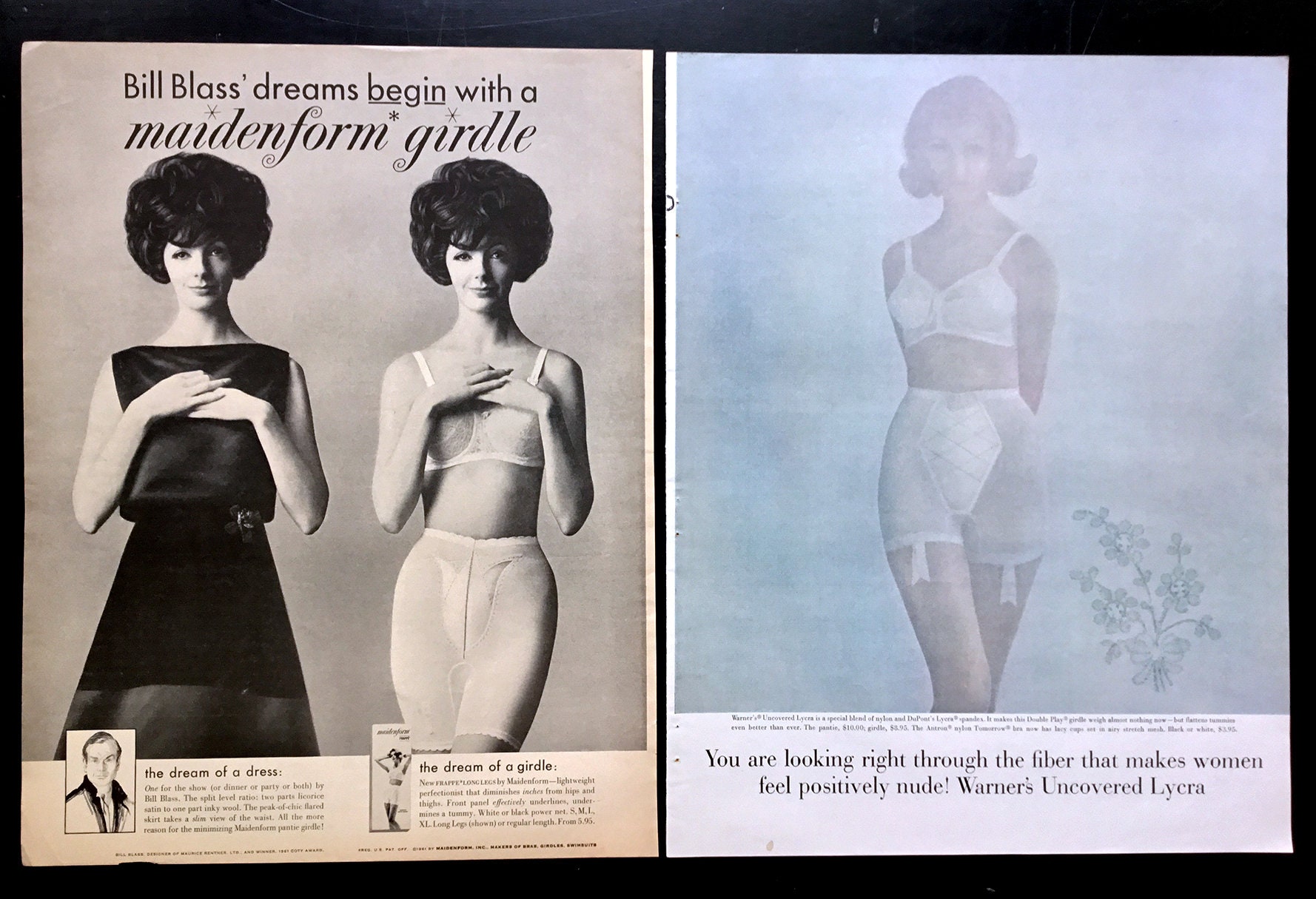 50's & 60's Bras and Girdles Vintage Ads, Set of Five, Advertising Art,  Warner's, Maidenform, Balis, Great for Framing or Collage. 
