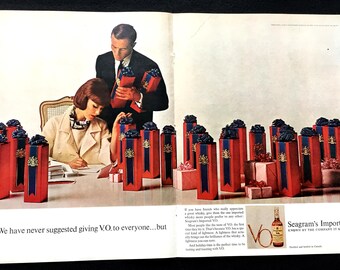 Anuncio de whisky Seagram's V.O. de 1963, regalos de Navidad, impresión vintage