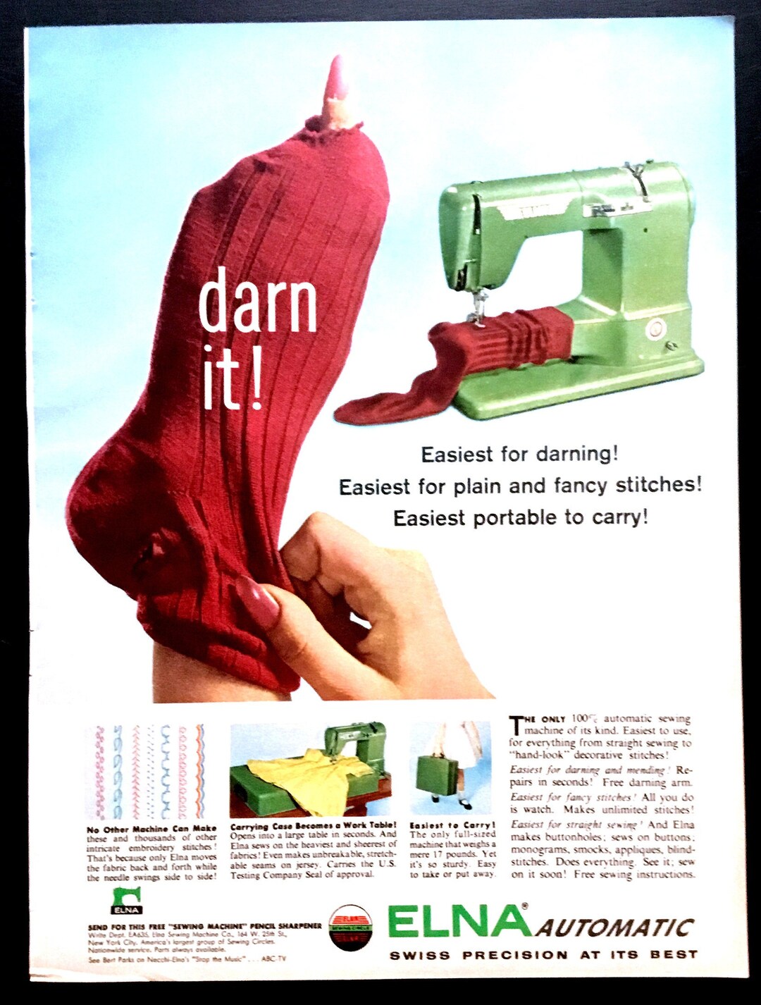 1956 Elna Automatic Swiss Precision Sewing Machine Vintage Ad