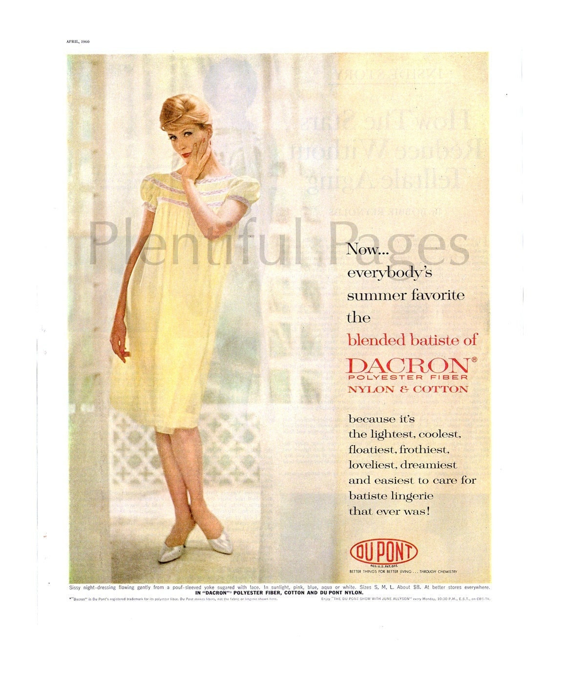 1960 DuPont Dacron Vintage Ad, 1960's Fashion, Advertising Art, Batiste  Lingerie, 1960's Housewife, Vintage Fabric, Great for Framing.