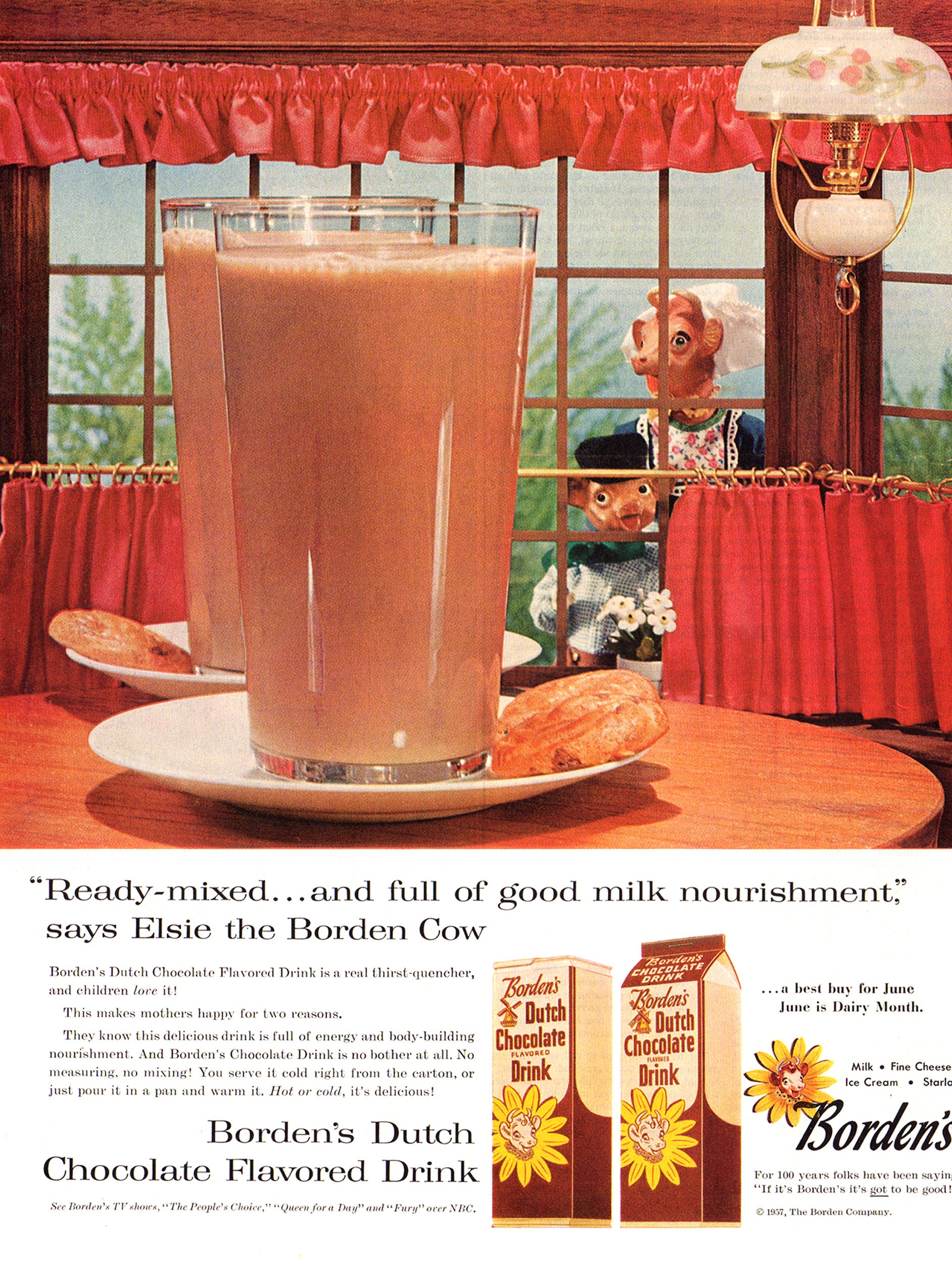 1957 Borden's Dutch Chocolate Milk Vintage Ad, Advertising Art