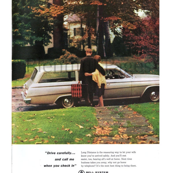 1964 Bell Telephone Vintage Ad, Bell System, 1960's Couple, Long Distance, 1960's Station Wagon, Fall Day, Advertising Art, Great to Frame.