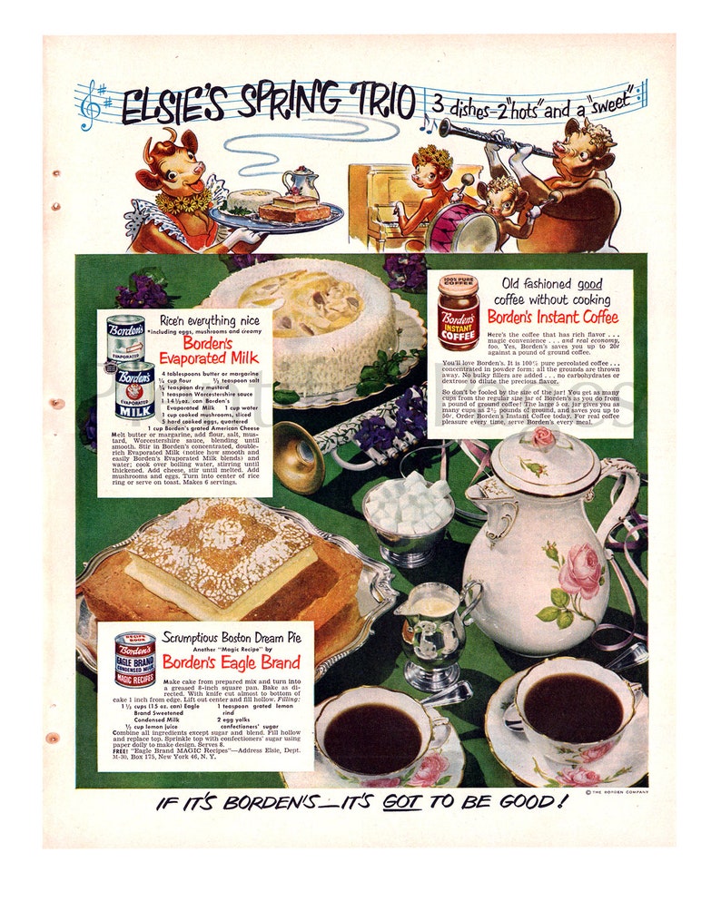 Borden/'s Evaporated Milk Elsie Cow 1950/'s Borden/'s Vintage Ads Advertising Art Set of Three Magazine Ad Eagle Brand. Instant Coffee