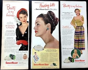 1950's SweetHeart Soap Vintage Ads, Set of Three, Advertising Art, Magazine Ad, 1950's Fashion, Great for Collage or Framing.