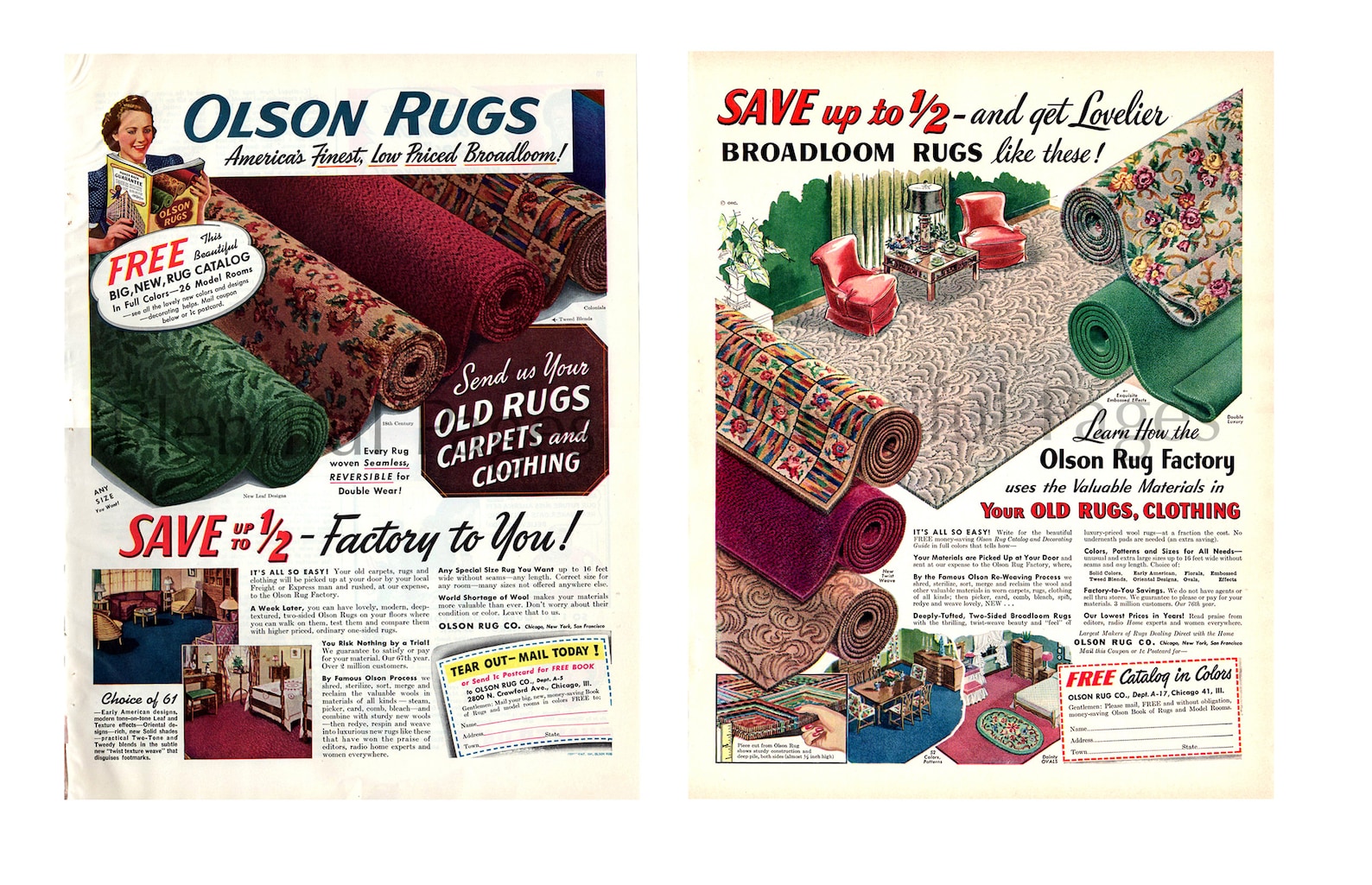 1941 & 1950 Olson Rugs Vintage Ads Set of Two Advertising | Etsy