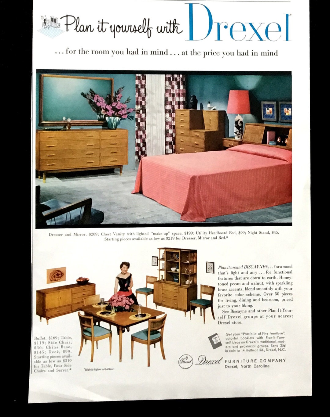 1950's Drexel Furniture Vintage Ad, Advertising Art, Mid