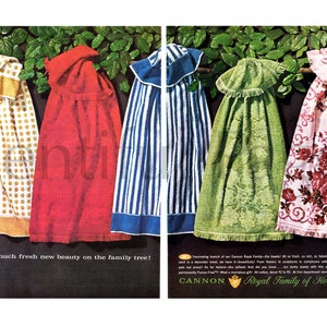 Anúncio vintage de toalhas de canhão de 1963, arte publicitária, toalhas de banho, anúncio de revista, anúncio, ótimo para emoldurar.