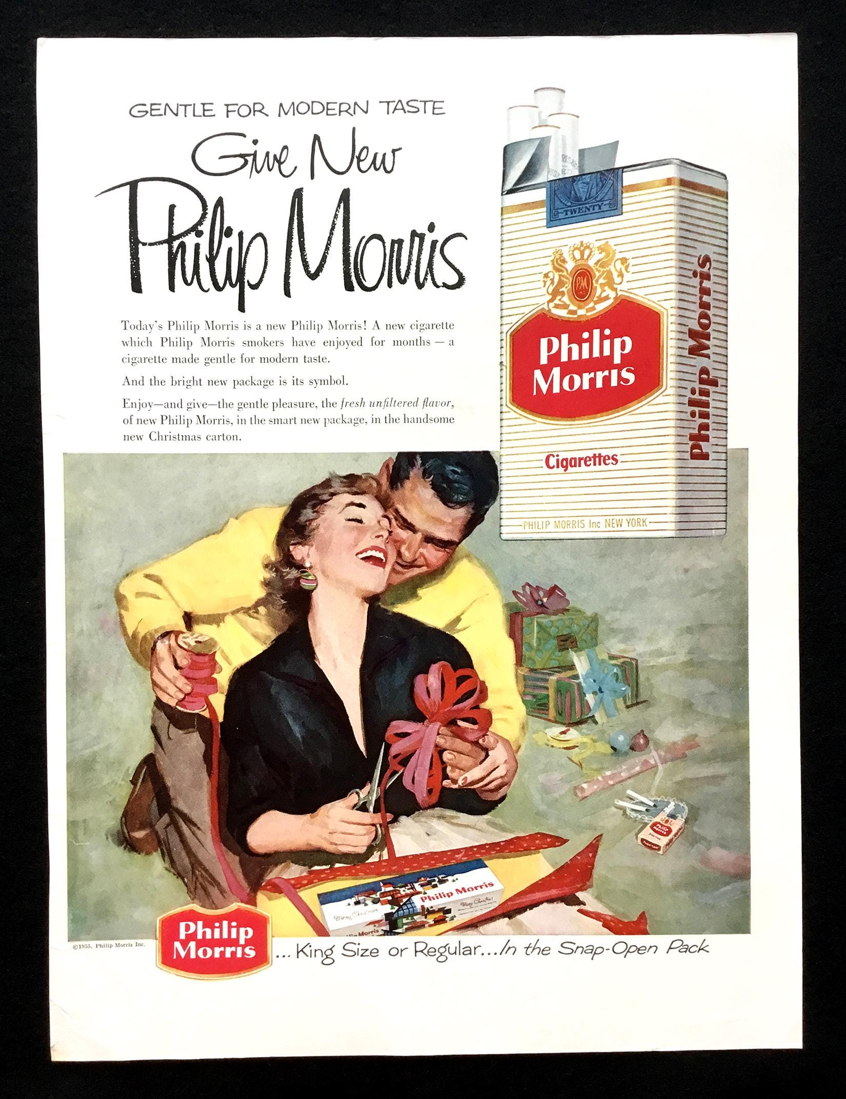 1956 Philip Morris Cigarette Ad, Christmas Gift Wrapping, Vintage Magazine  Print