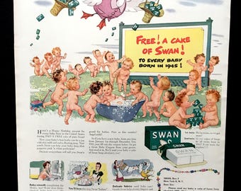 Vintage tijdschriftadvertentie Zwaanzeep uit 1945, reclamekunst, baby's.