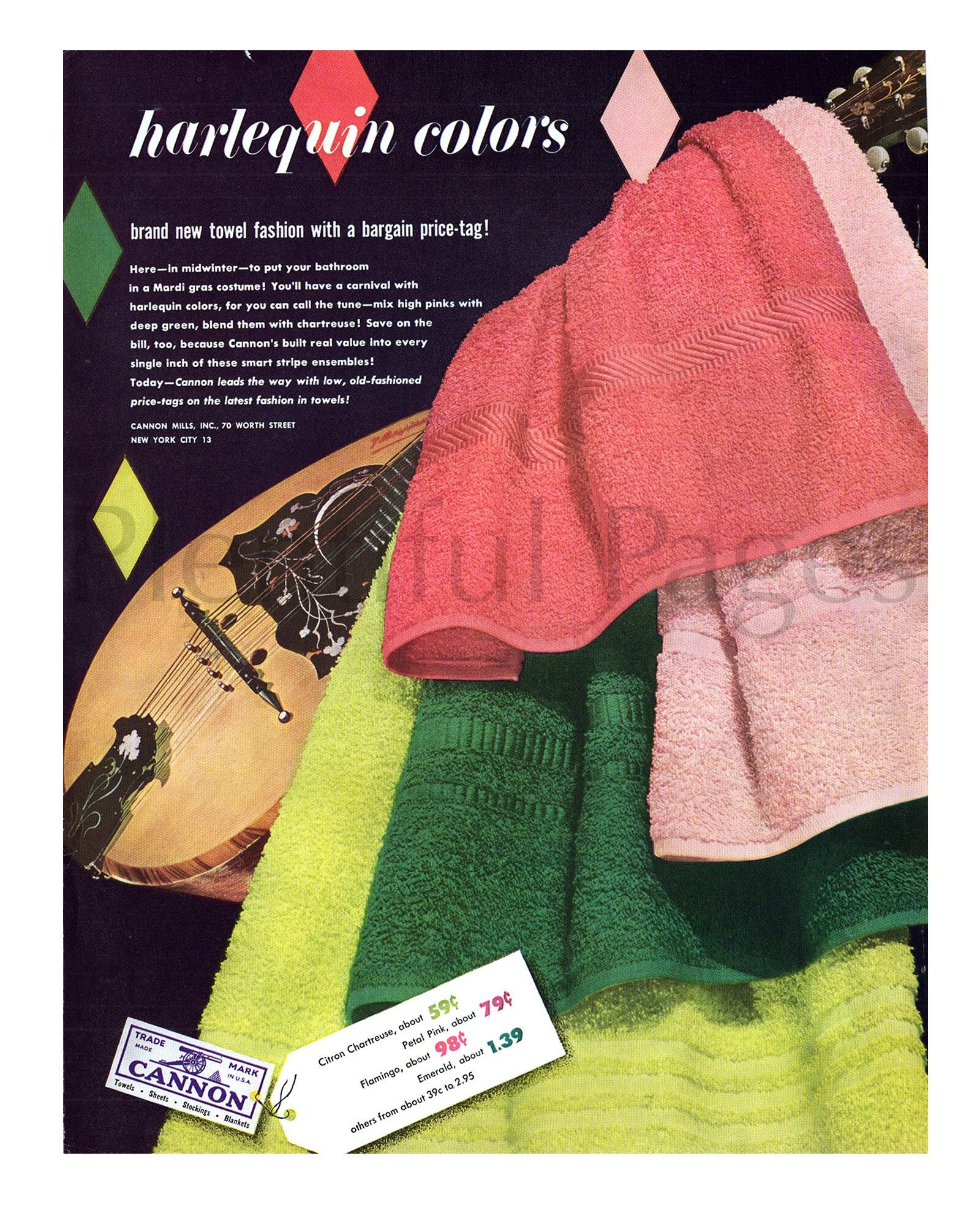 1950 Cannon Towels Vintage Ad, Advertising Art, Bath Towels, Magazine Ad,  Harlequin Colors, Advertisement, Great to Frame. 