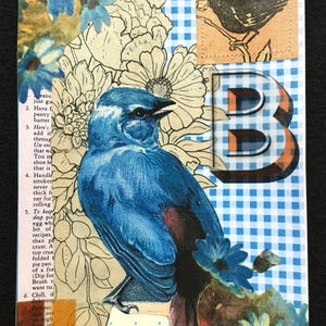 Original Collage Art, &quot;Blue&quot;, Handmade, Unframed Paper Collage, Wall Art, Vintage Papers, Birds, Great to Frame.