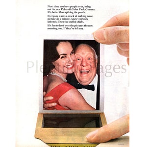 May include: A vintage advertisement for a Polaroid Color Pack Camera featuring a square instant photograph of a smiling woman in a red dress and a man in a tuxedo. The text reads: Next time you have people over, bring out the new Polaroid Color Pack Camera.