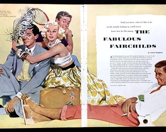 May include: A vintage magazine illustration depicting a group of people relaxing in a living room. The image features a man and woman sitting on a couch, with a man standing behind them. The woman is wearing a white top and a yellow and white patterned skirt. The man is wearing a light blue suit. The man standing behind them is wearing a blue shirt and jeans. The magazine cover features the text "The Fabulous Fairchilds" in bold, black letters.