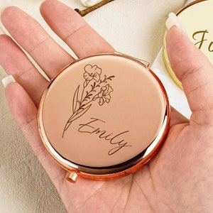 Personalized Compact Mirror,Engraved Birth Flower Pocket Mirror,Custom Name Gift for Bridesmaid,Little Mirror for Mom,Wedding Bridal Shower