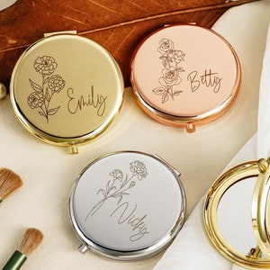 Personalized Compact Mirror,Birth Flower Pocket Mirror,Custom Name Gift for Bridesmaid,Best Friend&#39;s Birthday Gift,Bachelorette Party Favors