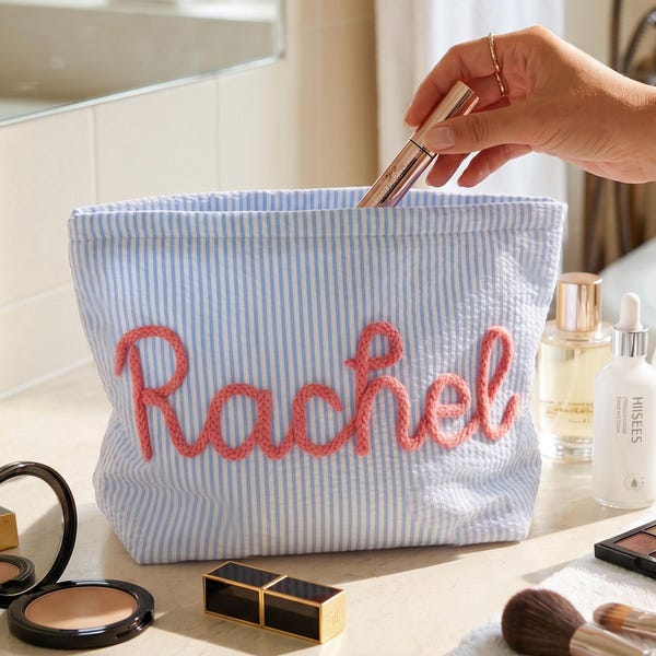 Personalized Seersucker Cosmetic Bag, Custom Makeup Pouch, Bridesmaid Proposal Gifts
