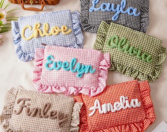 Personalized Ruffle Makeup Bag, Chenille Name Cosmetic Pouch, Bridal Shower Gift