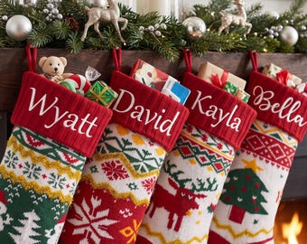 Personalized Embroidered Christmas Stocking, Knitted Family Stocking with Name, Holiday Xmas Gift