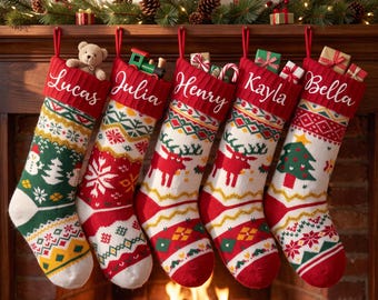 Personalized Knit Christmas Stocking, Custom Embroidered Name Stocking, Family Holiday Stockings Decor