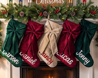 Custom Bow Christmas Stocking, Velvet Christmas Stocking With Name, 2026 Christmas Stocking, Christmas Gift