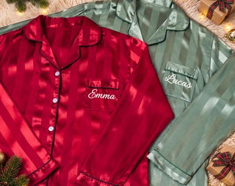 Personalized Striped Christmas Pajama, Custom Embroidered Family Pajamas, Christmas Gift