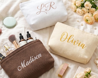 Custom Waffle Makeup Bag, Embroidered Monogram Toiletry Bag,  Bridal Shower Gift