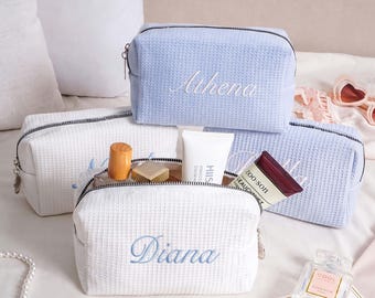 Embroidered Waffle Cosmetic Bag: Personalized Bridesmaid Makeup Bag, Monogram Toiletry Pouch, Gift for Her
