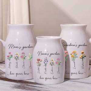 Oma's tuin bloemenvaas, gepersonaliseerde geboorte bloemenvaas, aangepaste naam vaas, cadeau voor moeder, verjaardag maand bloemen vazen, liefde Moederdag