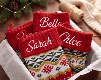 Custom Name Christmas Stocking, Personalized Embroidered Knit Stocking, Vintage Holiday Fireplace Decor
