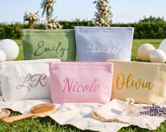 Embroidered Waffle Makeup Bag, Personalized Monogram Cosmetic Pouch, Bridal Shower Gift