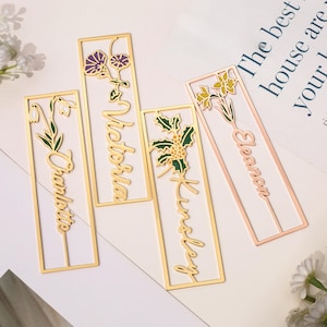Birth Flower Name Bookmark,Personalized Women Birthday Gift,Custom Colorful Birthday Flower Stainless Steel Bookmark,Gift for Reading Lovers