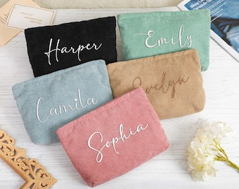 Personalized Corduroy Makeup Bag, Embroidered Name Travel Pouch, Bridesmaid Gift