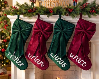Personalized Bow Christmas Stocking, 2026 Custom Name Velvet Christmas Stockings, Family Holiday Decor