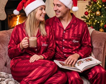 Custom Matching Holiday Pajamas, Embroidered Family Striped Christmas Pajamas, Holiday Loungewear Set
