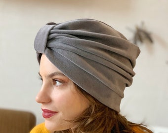 Turban  samt / Mütze / Kopfbedeckung / Damen  / Samt / Bio Baumwolle Turban / hell grau  / warm / One Size / Handmade