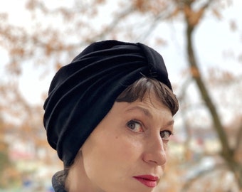 Turbante de terciopelo negro, tocado de algodón orgánico, hecho a mano