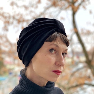 Turbante de terciopelo negro, tocado de algodón orgánico, hecho a mano