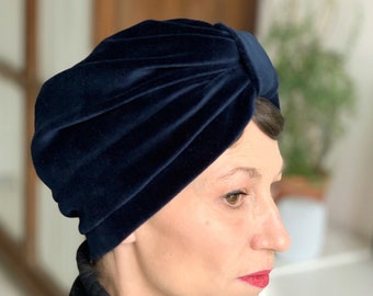 Dark Blue Velvet Turban, Bio Cotton Headwrap