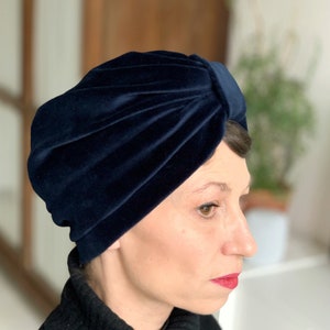 Turban Biobaumwolle / Mütze / Kopfbedeckung / Damen / Samt Turban / Bio Baumwolle / dunkelblau Farbe / cálido / One Size/ Hecho a mano