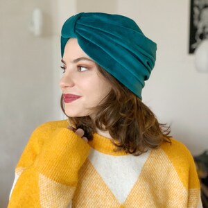 Turban Biobaumwolle / Mütze / Kopfbedeckung / Damen / Samt Turban / Bio Baumwolle / gasolina Farbe / cálido / One Size/ Hecho a mano image 2