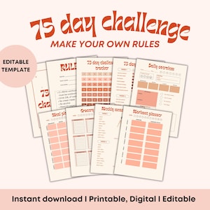 75 Day Challenge Tracker Bundle Editable |Printable | 75 Day Challenge Progress Tracker, Fitness Track & Meal Planner, Digital Tracker