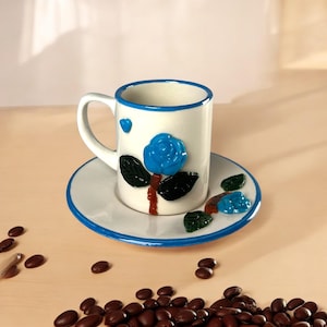 Türkische Kaffeetasse Set 90ml Keramik Design | Blaue Rose handgemachtes Geschenk | Einzigartiges Geschenk für Espresso-Liebhaber | Bestes Muttertagsgeschenk
