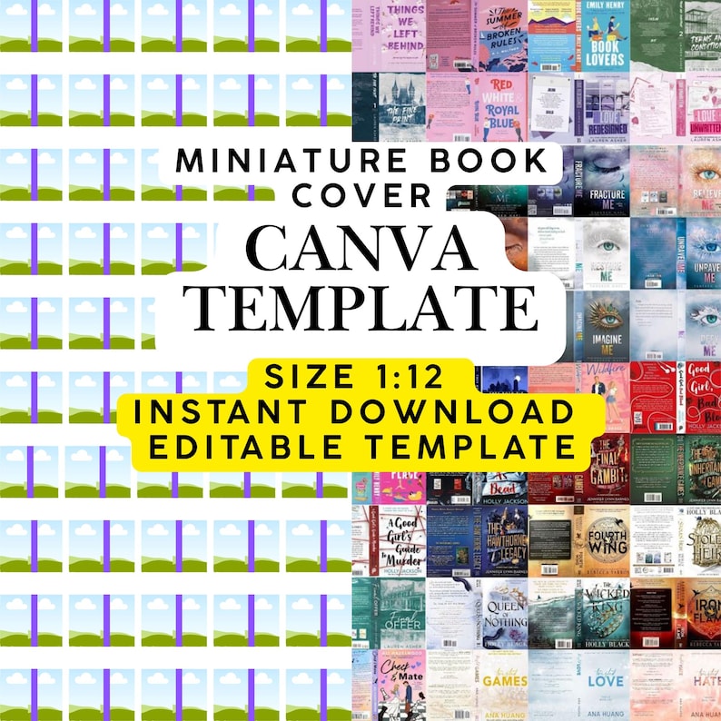 May include: A digital Canva template for 1:12 scale miniature book covers. The image displays a grid of various book cover designs alongside a repeating pattern of blank book templates. Text reads: MINIATURE BOOK COVER CANVA TEMPLATE SIZE 1:12.