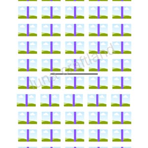 May include: A digital sheet containing forty-five identical rectangular stickers arranged in a grid. Each sticker features a landscape illustration of a green grassy hill under a blue sky with white clouds, bisected by a vertical purple stripe.