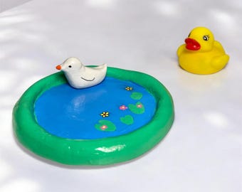 Handmade Duck Pond Jewelry Holder | Kawaii Clay Trinket Tray | Desk Pet | Small Ring Dish